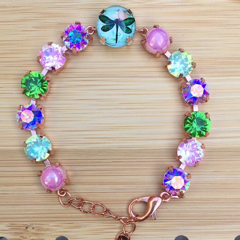 Pink Opal Aurora Borealis + Peridot Dragonfly Charm Crystal Tennis Bracelet - Picture 3 of 16
